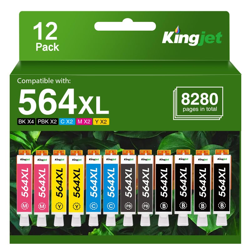Kingjet Compatible 12 Pack 564XL Ink Cartridges for HP Printers Replacement for HP 564 Ink Cartridges 564 XL Work with HP Photosmart 7520 6520 5520 7525 DeskJet 3520 3522 Printer,(4BK/2PGBK/2C/2Y/2M) - Image 1